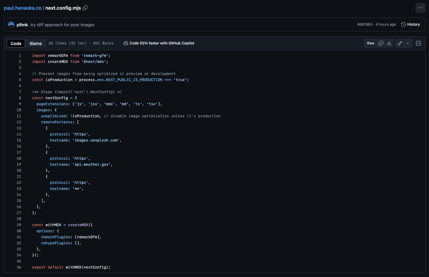 My next.config file - yours probably looks different but the concept is the same