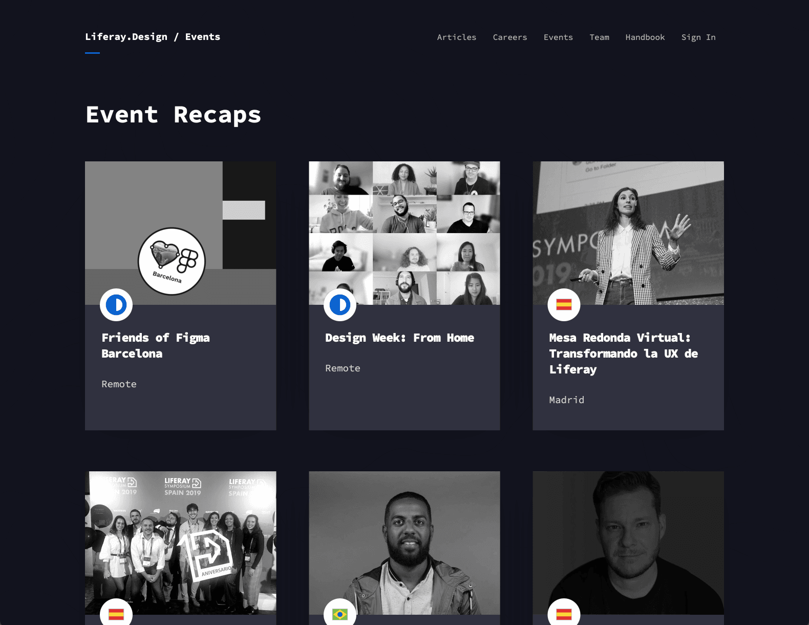 screenshot of the events page