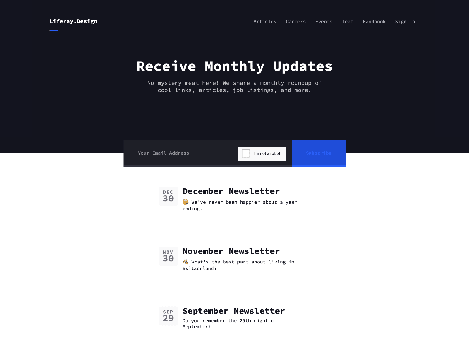 screenshot of the newsletter archive