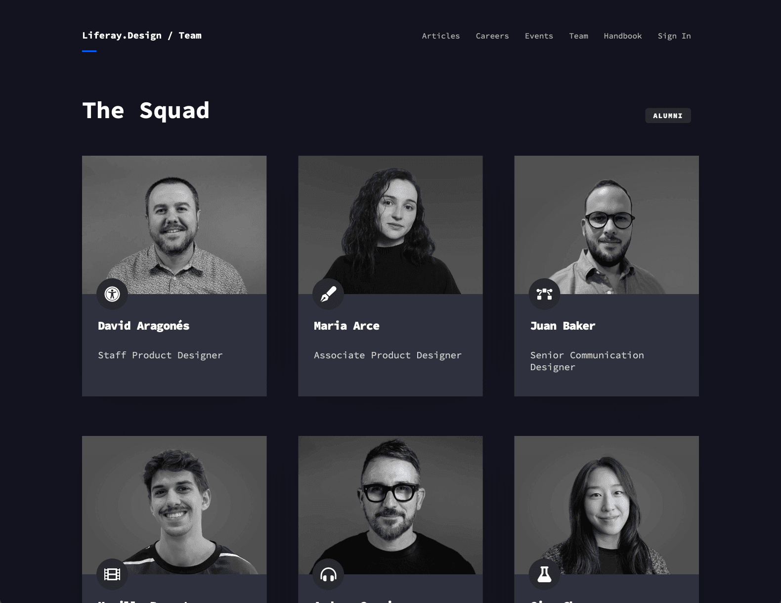 screenshot of the team page